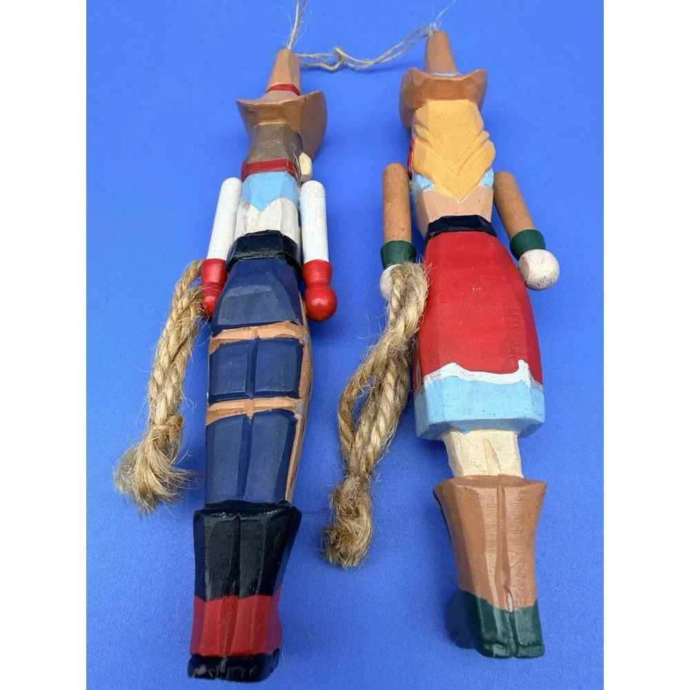 Vintage Wood Cowboy Cowgirl Christmas Ornaments Pair Western Folk Art Rope